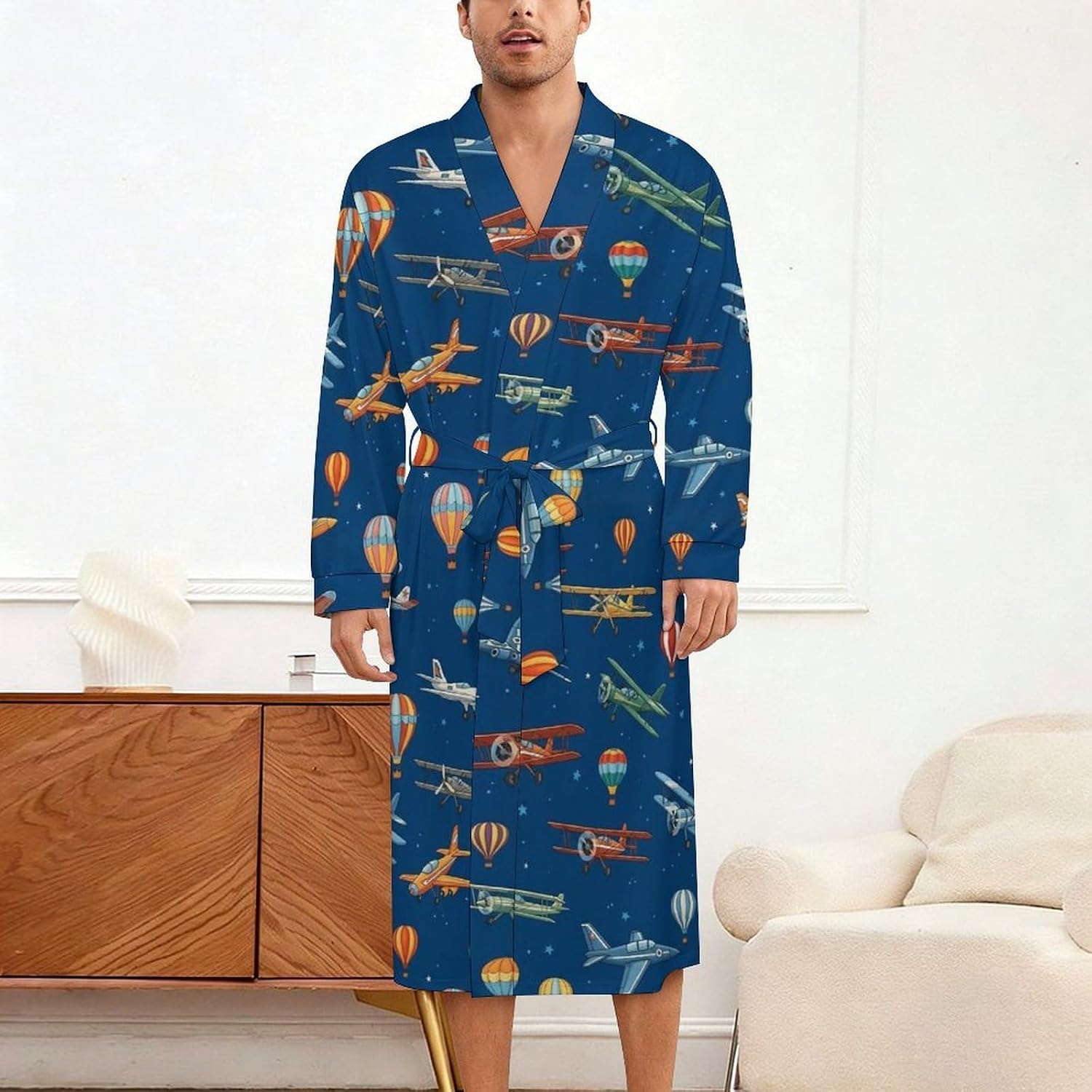 Men's Lightweight Robe, Long Sleeve Comfortable Kimono Robes Full-Length, Smooth Breathable Bathrobes