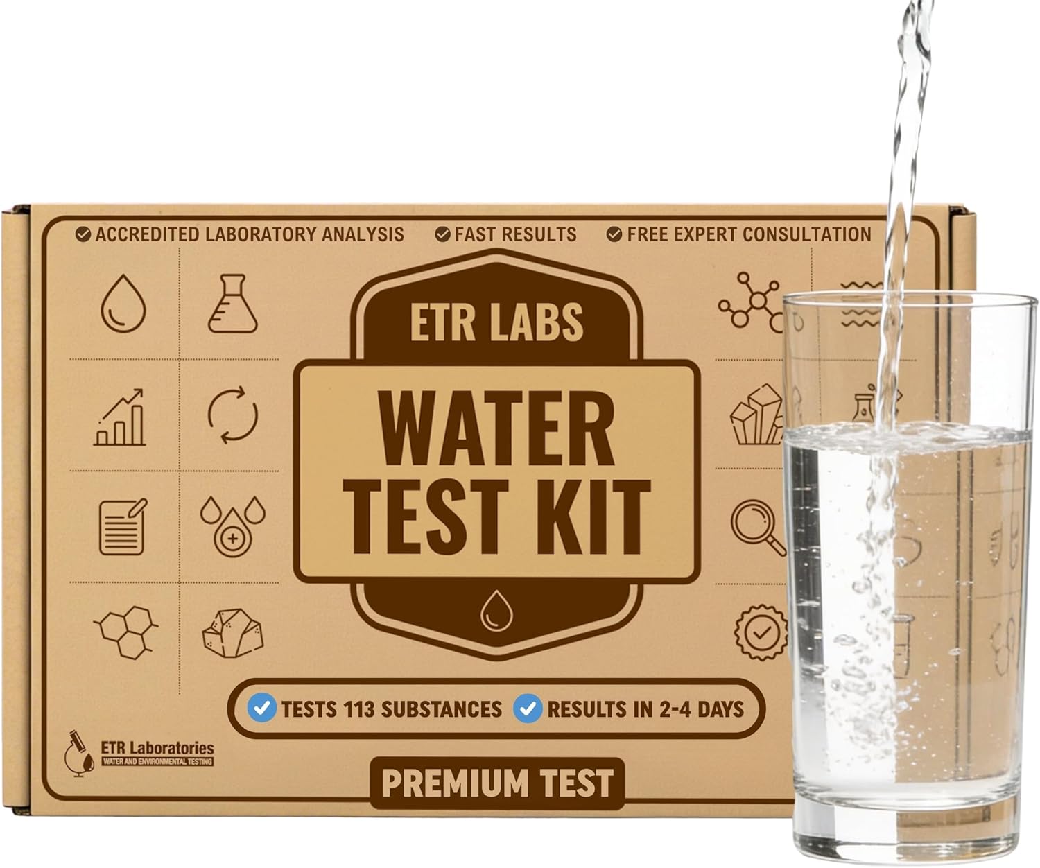 ETR LABS Premium Water Quality Test Kit- Tests 113 Substances in Drinking Water (Heavy Metals, Lead, Nitrates, VOCs, Chemicals & More)-Advanced Home Sample Kit with Prepaid Mailer & Expert Lab Support