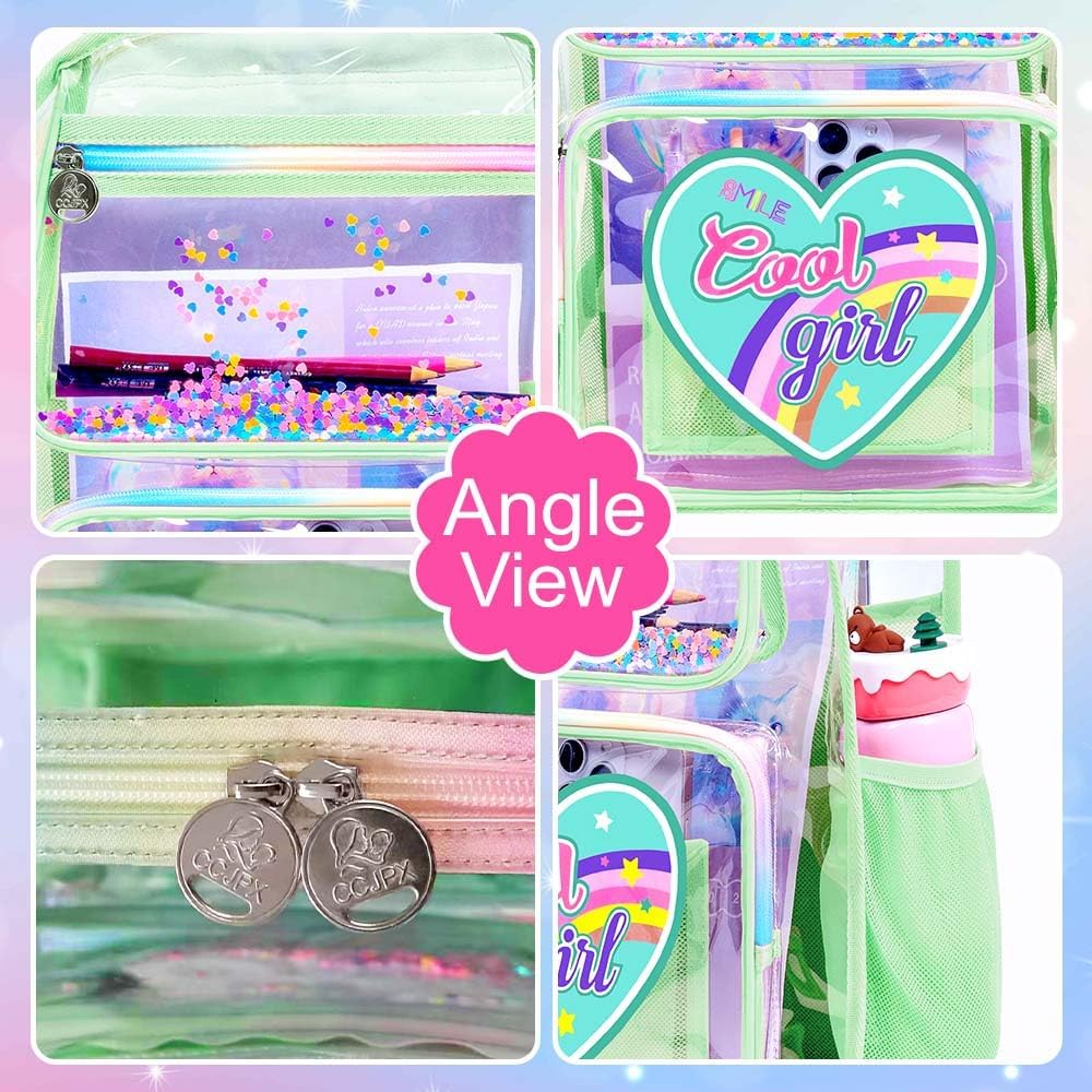 3PCS Clear Backpack Heavy Duty, Cute Sequins Transparent Bookbag with Handbag for Girls, Womens Green See Through School Bag - Image 5