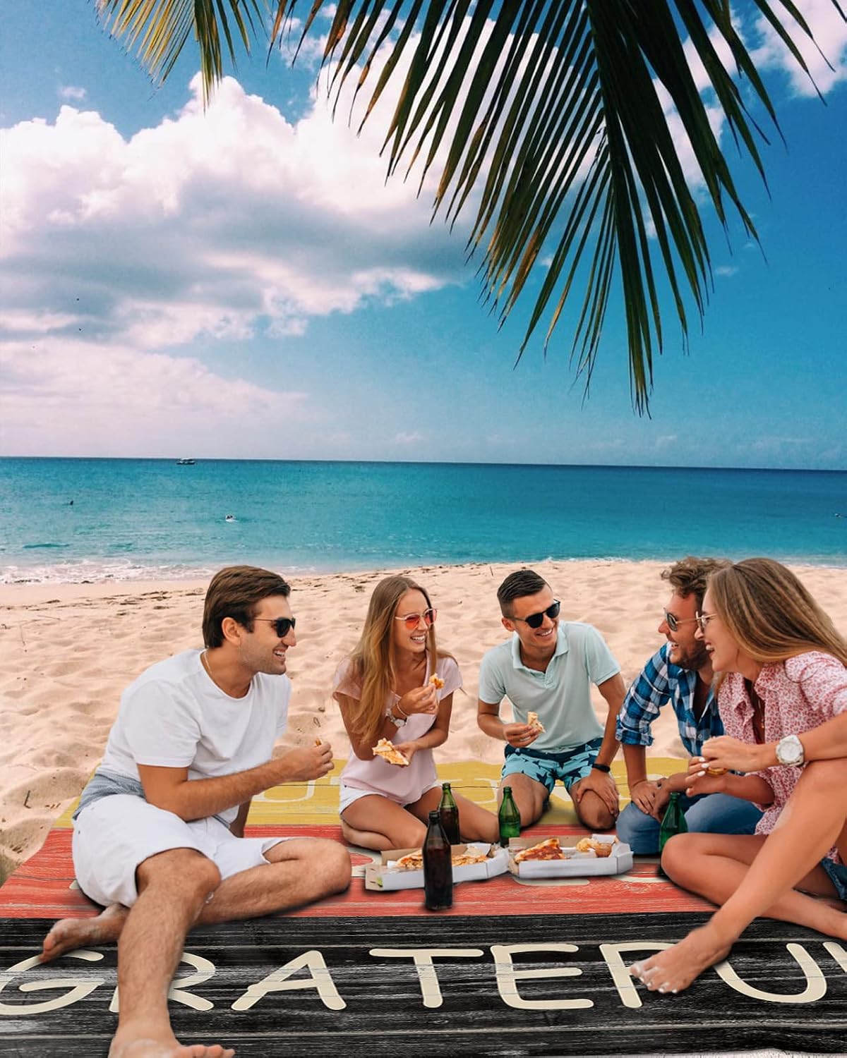 Fall Thanksgiving Day Texts on Wooden Board Beach Blanket Waterproof Sandproof Outdoor Picnic Mat 108"x84" Colored Wood Lightweight Large Beaach Blankets with 4 Stake & 4 Corner Pockets