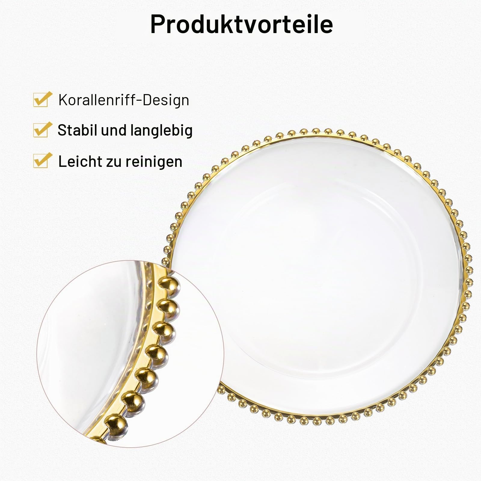 sourcing map Transparente Platzteller, 33 cm, Kunststoff, rund, mit Perlenbesatz, für Abendessen, Dessertteller, für Hochzeit, Party, Event, Tischdekoration, Gold, 12 Stück