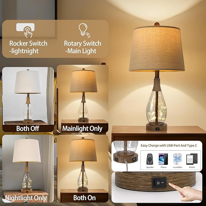 OYEARS OYEARS 23" USB A+C Table Lamp Sets of 2 Modern Bedside Lamps Retro Farmhouse Rattan Glass Nightstand Nightlight Lamps for Bedroom Living Room Dorm,Two Light Points photo 5