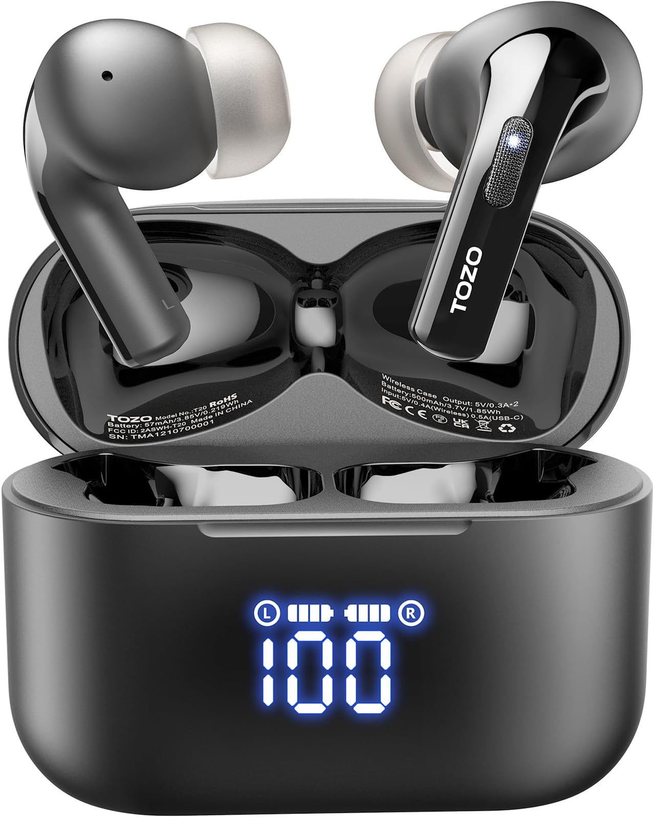 T20 Wireless Earbuds Bluetooth Headphones 48.5 Hrs Playtime with LED Digital Display, IPX8 Waterproof, Dual Mic Call Noise Cancelling 10mm Broad Range Speakers with Wireless Charging Case Black