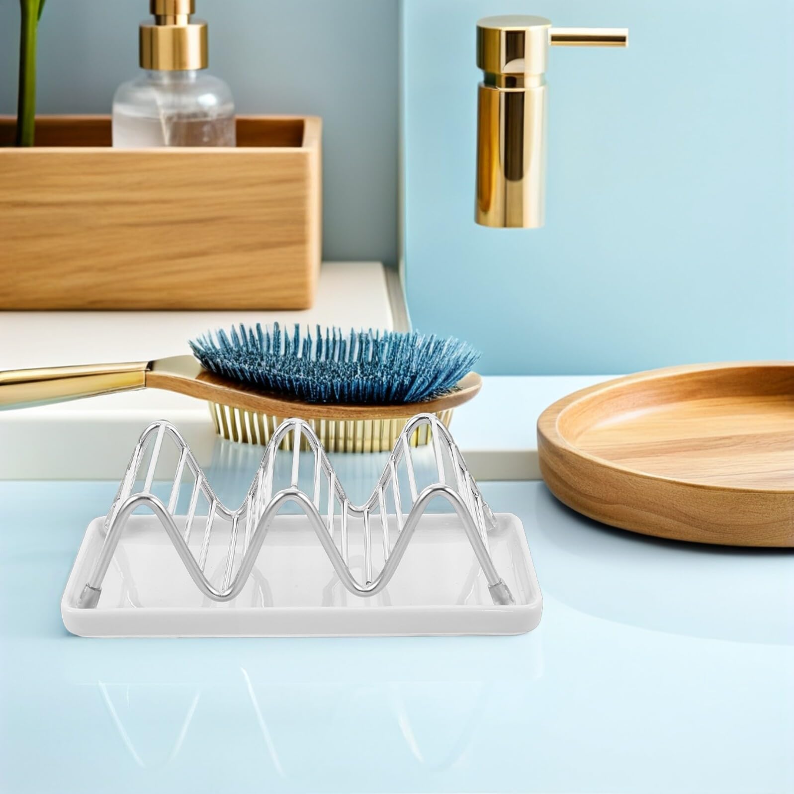Jabonera Decorativa de Cerámica con Drenaje en Forma de W y Soporte de Acero Inoxidable para Cocina y Baño con Diseño Resistente y Sistema de Escurrido