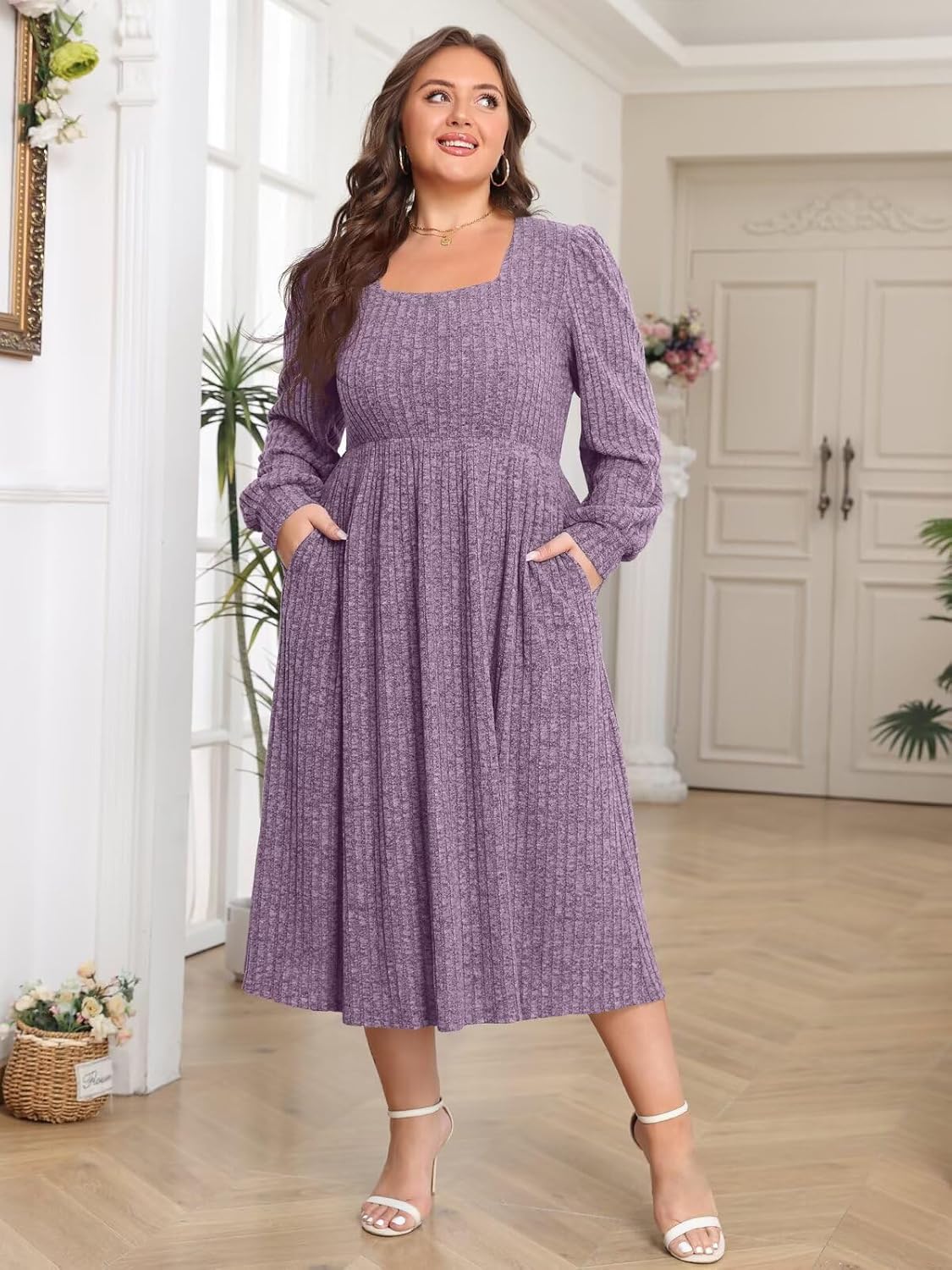 BELAROI Plus Size Dresses for Curvy Women Maxi Sweater Dress Long Sleeve Midi Fall Winter Outfits Lighweight Square Neck - Image 5