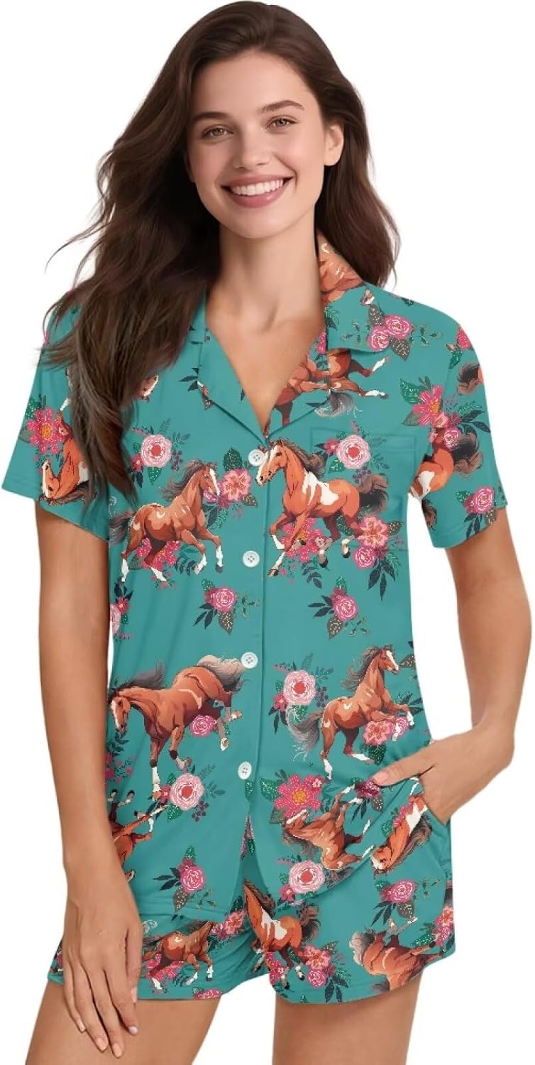 Summer Pajama Set for Women, Short Sleeve Button Down Pjs, 2 Piece Cute Print Loungewear Sleepwear Plus Size