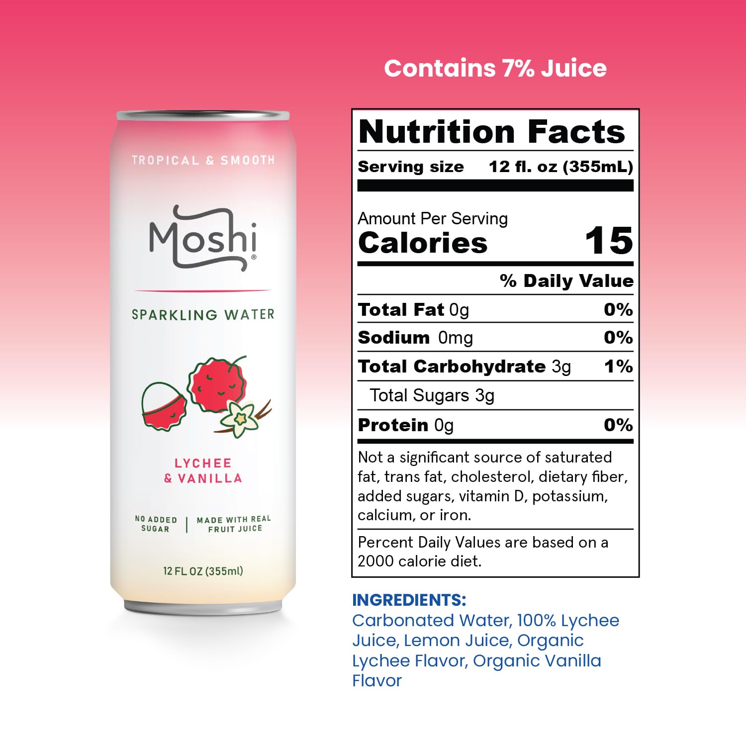 Moshi Asian Flavored Sparkling Water 12 Pack- Carbonated Drink Made With Real Fruit Juice - No Added Sugar - Low Calorie (Pack of 12, Lychee & Vanilla)