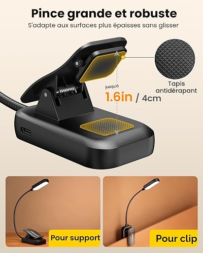 Glocusent Lampe de Lecture Livre, 20 LED, 5 niveaux, rechargeable USB-C - 6