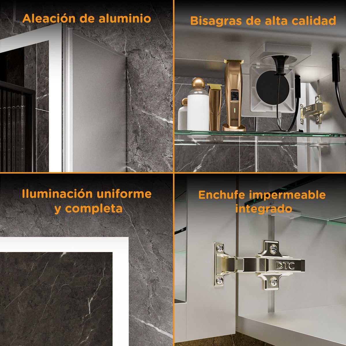 Armario con Espejo para baño con iluminación, 80 x 60 cm, Espejo de baño LED con Estante, Enchufe, antivaho, Interruptor táctil, Montaje en Pared para baño Moderno