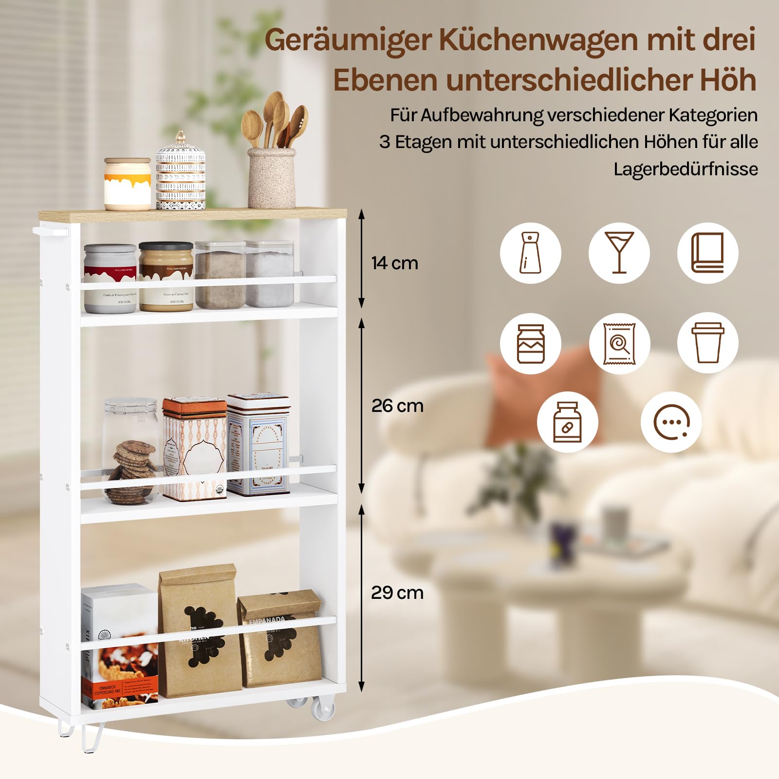 WOLTU Servierwagen mit 3 Ebenen, Küchenwagen mit Rollen Griff Bremsen, Rollwagen Aufbewahrungswagen für Küche Büro Wohnzimmer, 47x80x13 cm, Helle Eiche Weiß