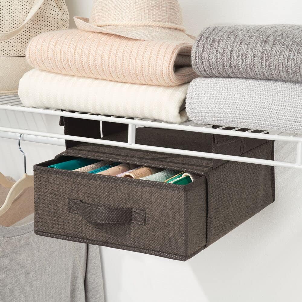 mDesign Soft Fabric Over Closet Shelving Hanging Storage Organizer with Removable Drawer for Closets in Bedrooms, Hallway, Entryway, Mudroom - Textured Print with Solid Trim - Espresso Brown