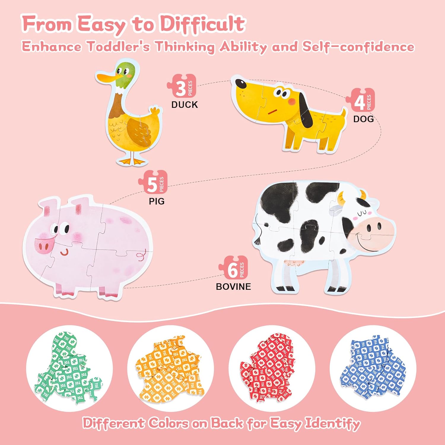 TOI Large Piece Toddler Puzzles for 2-4 Years Old, 4 Packs Beginner Puzzles for Toddlers, Kids Big Shape Preschool Learning Puzzle for Boys Girls Gift, Farm Animals