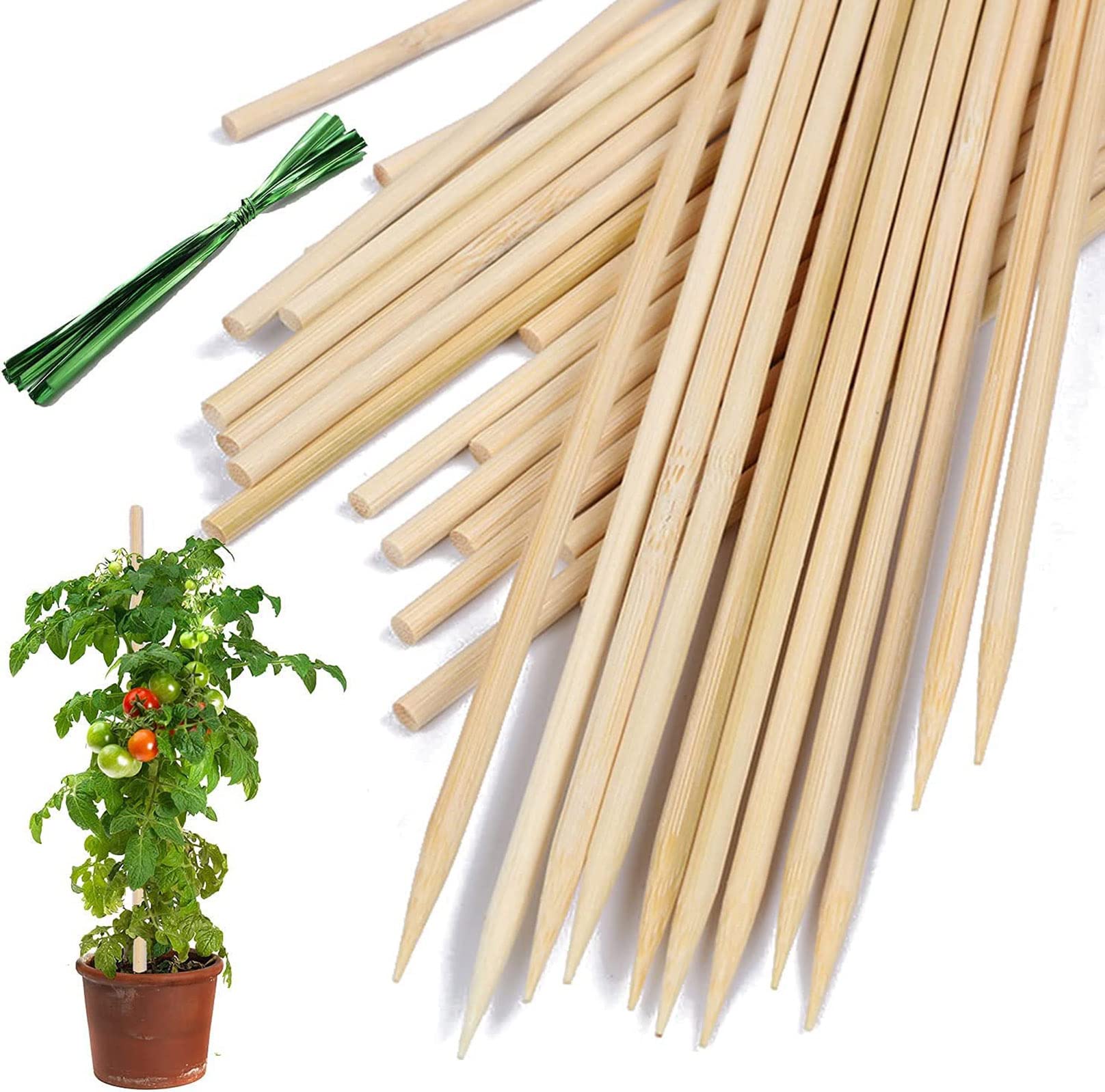 Bamboo Plant Stakes, 100 Pack 40cm Indoor Floral Plant Support, Natural Thick Bamboo Gardening Plant Stakes, Wooden Sign Posting Garden Sticks, with 9 Cm Wires (200 Pcs)