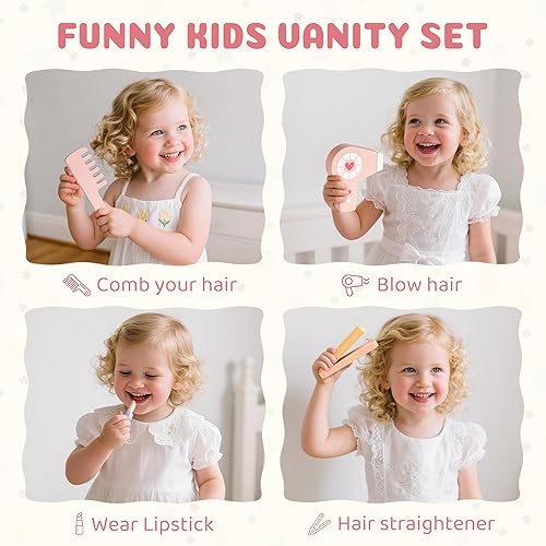 Miniatura 3 de ROBOTIME Juego de tocador para niños con espejo y taburete, mesa de maquillaje rosa de madera con 11 accesorios, tocador de belleza con espejos,