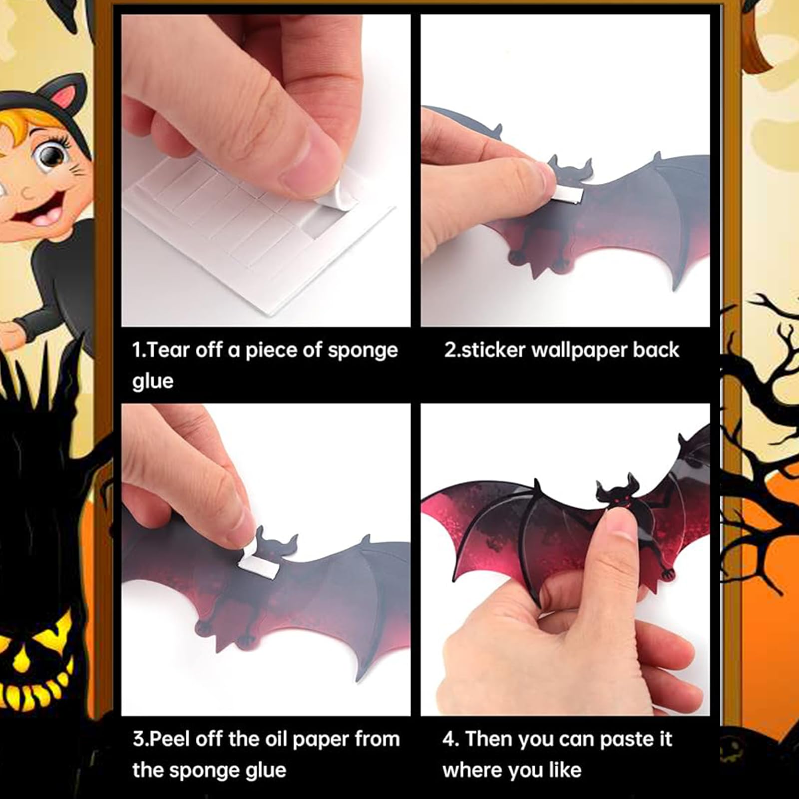 72pcs Halloween Decorations Pumpkin Bats,Black PVC Pumpkin Bats 3D Wall Sticker DIY 5 Size Bats Halloween Party,Halloween Scary Bats for Home Window Room Scary Bats Halloween Sticker Party Supplies - Image 3