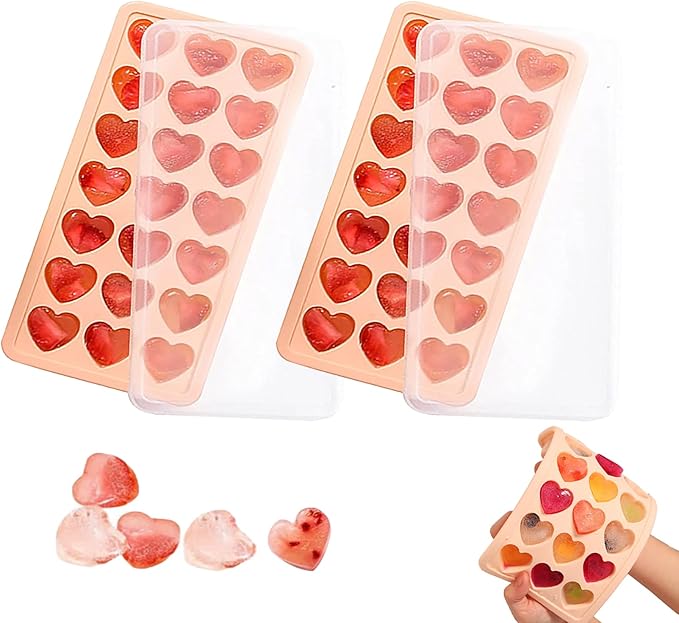2 Pack Heart-Shaped Ice Cube Trays with lid and bin - 48 Holes Silicone Mini Heart Ice Cube Tray, BPA Free and Dishwasher Safe, Fun Shape Ice Cube Mold, Easy to Remove