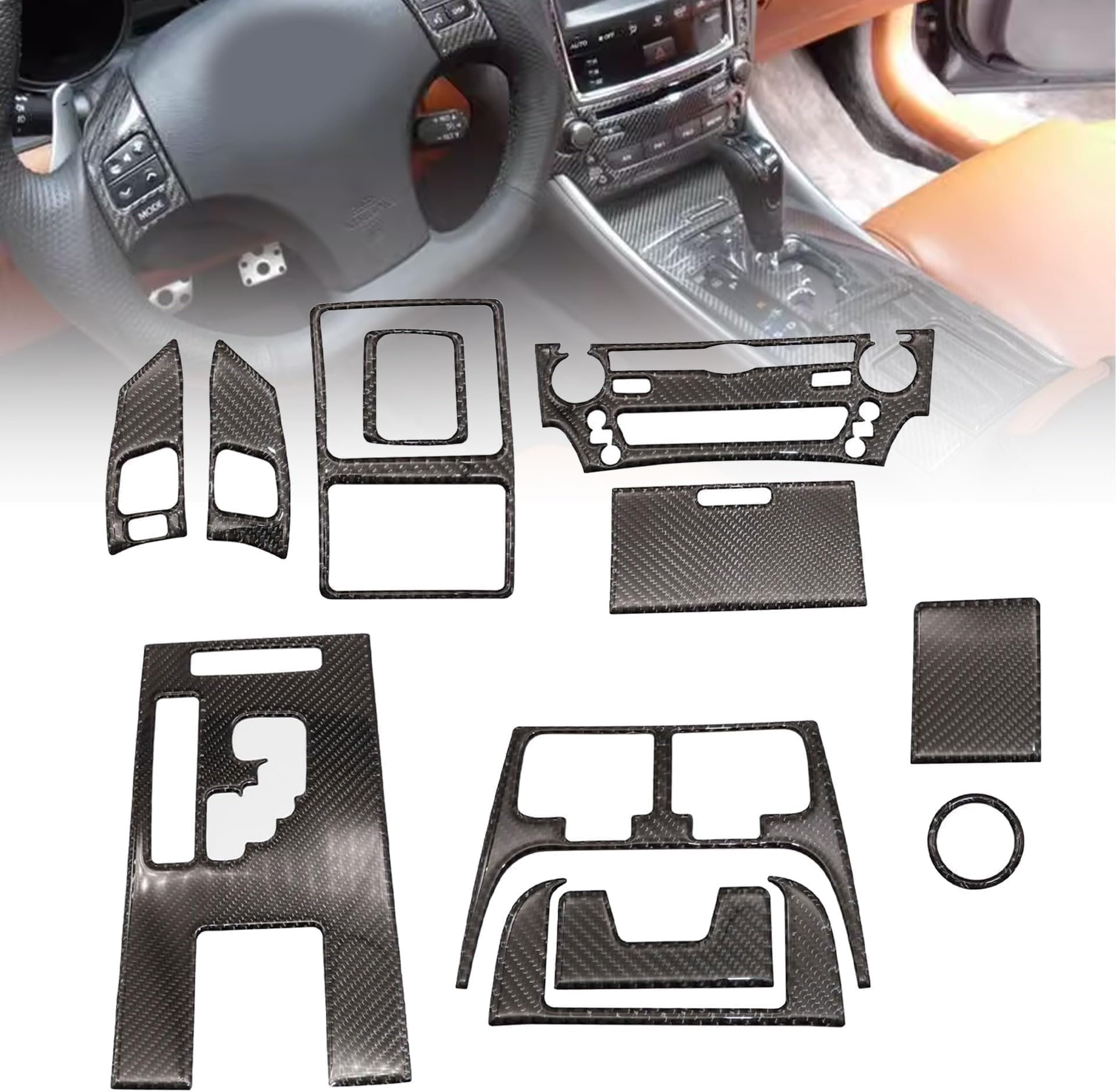 12Pcs Carbon Fiber Full Set Interior Decoration Trim Kit Compatible with Lexus IS250 Black 2006 2007 2008 2009 2010 2011 2012