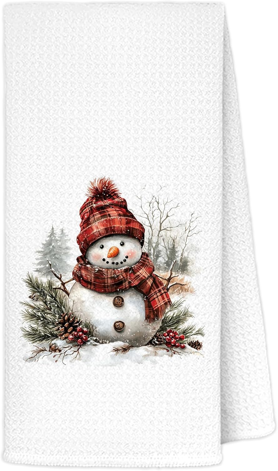 Red and Black Plaid Christmas Snowman Kitchen Towels, Winter Xmas Holly Berry Decorative Hand Tea Towels for Bathroom, Vintage Farmhouse Xmas Cute Snowman Dish Towel Drying Cloth, 16x24 Inches