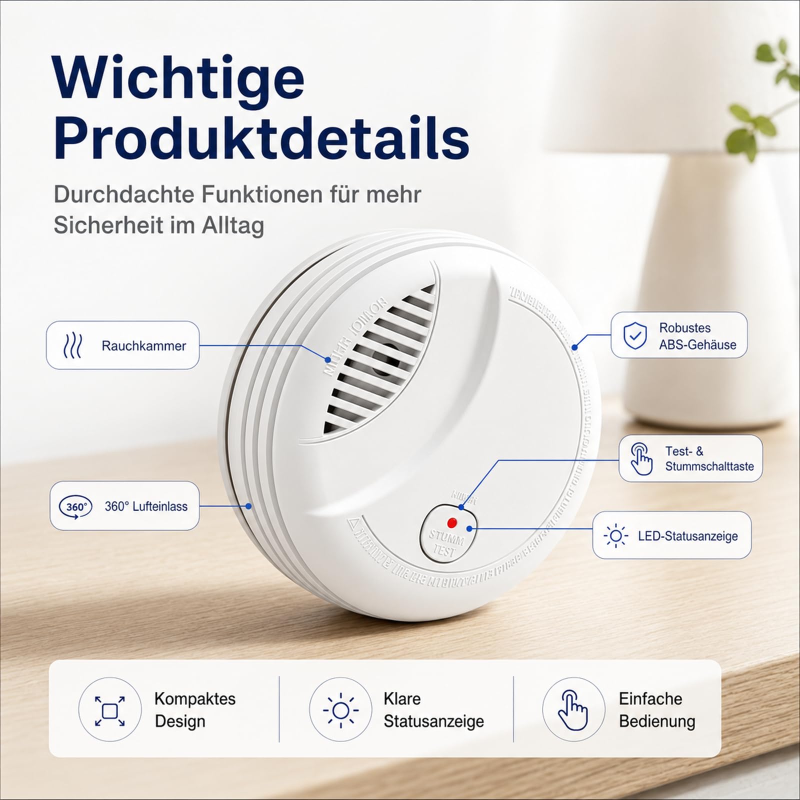 WiFi Rauchmelder mit App-Benachrichtigung, 10-Jahre Batterie, Vernetzbar, Geprüft nach DIN EN 14604, Optischer Rauchwarnmelder für Smart Home, Einfache Installation,3 PCS