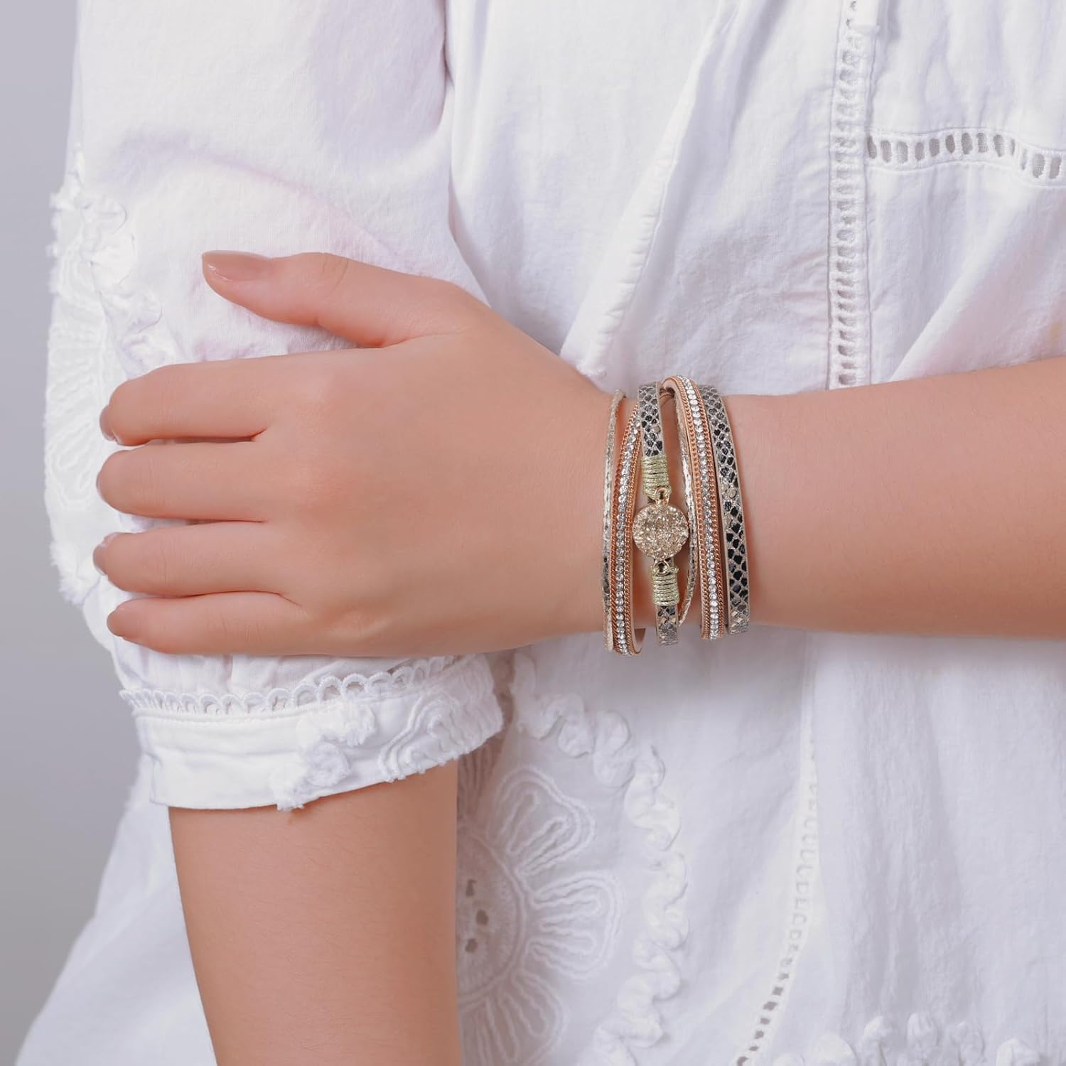 FANCY SHINY Boho Wrap Bracelets Leather Cuff Bracelet Bohemian Jewelry Resin Stone Leather Necklace with Clasp for Women - Image 7