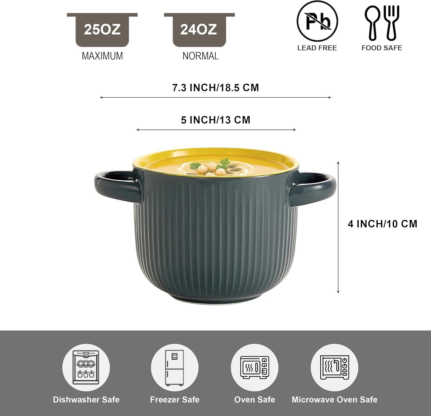 Soup Bowl with Handles and Lids,Oven Safe Soup Crocks,24 oz Ceramic French Onion Crock for Soup,Cereal,Pasta,Ramen and Chilli, Microwave and Dishwasher Safe, Set of 2 (Grey)