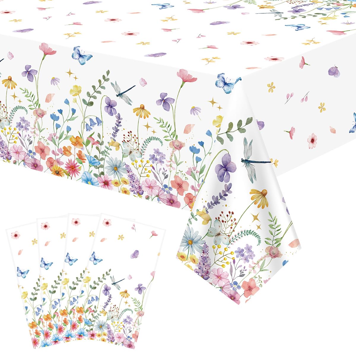 FuenteOrilla 4 Pcs Spring Floral Tablecloth Wildflower Butterfly Table Cover Flower Tablecloth for Summer Spring Easter Picnic Holiday Weeding Tea Wildflower Baby Shower Decorations, 130 x 220 cm