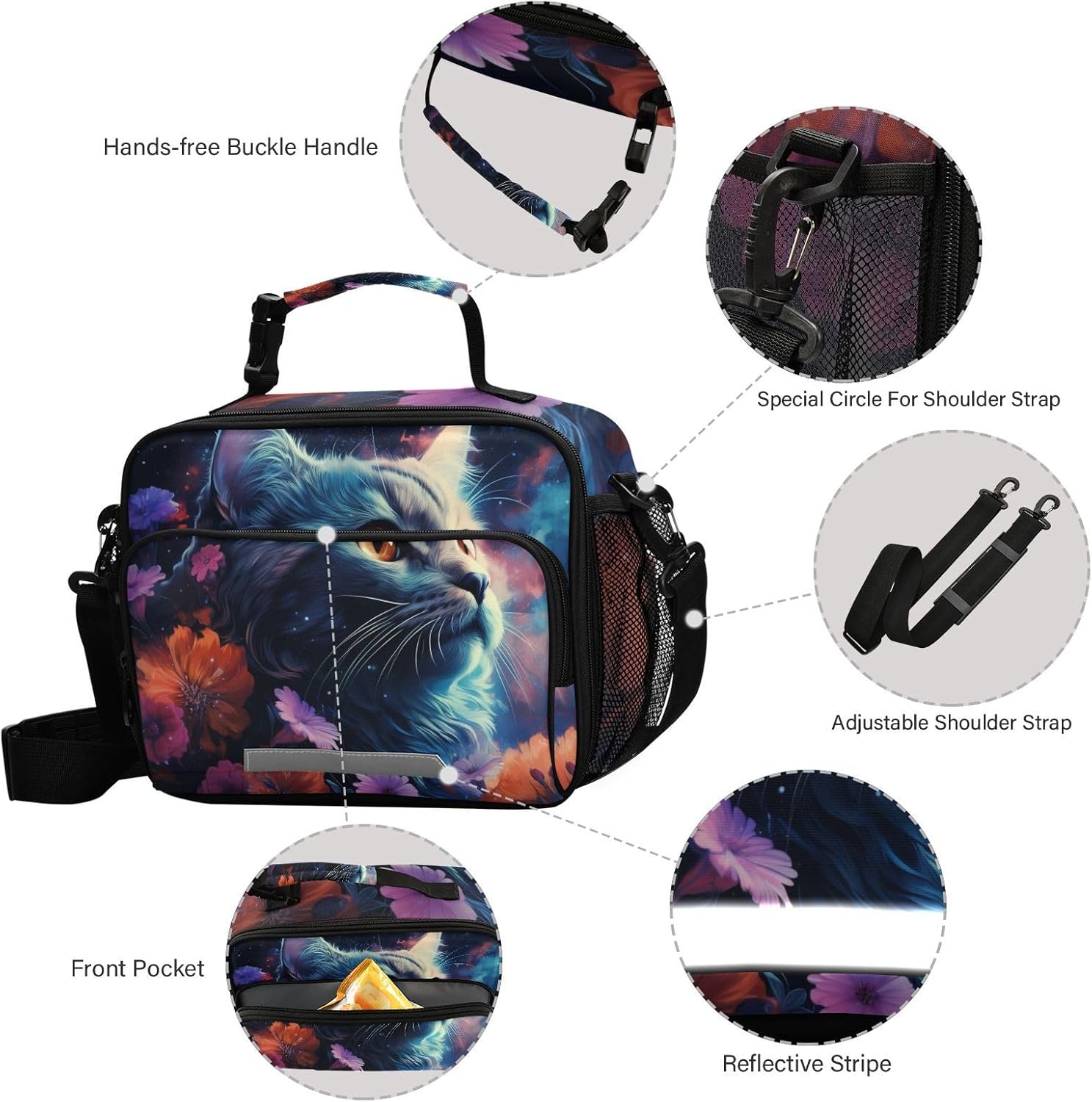 ALAZA Cats Flower Space Insulated Lunch Bag Portable Reusable Cooler Lunch Tote Bag with Shoulder Strap for Women Men Work Office Picnic College