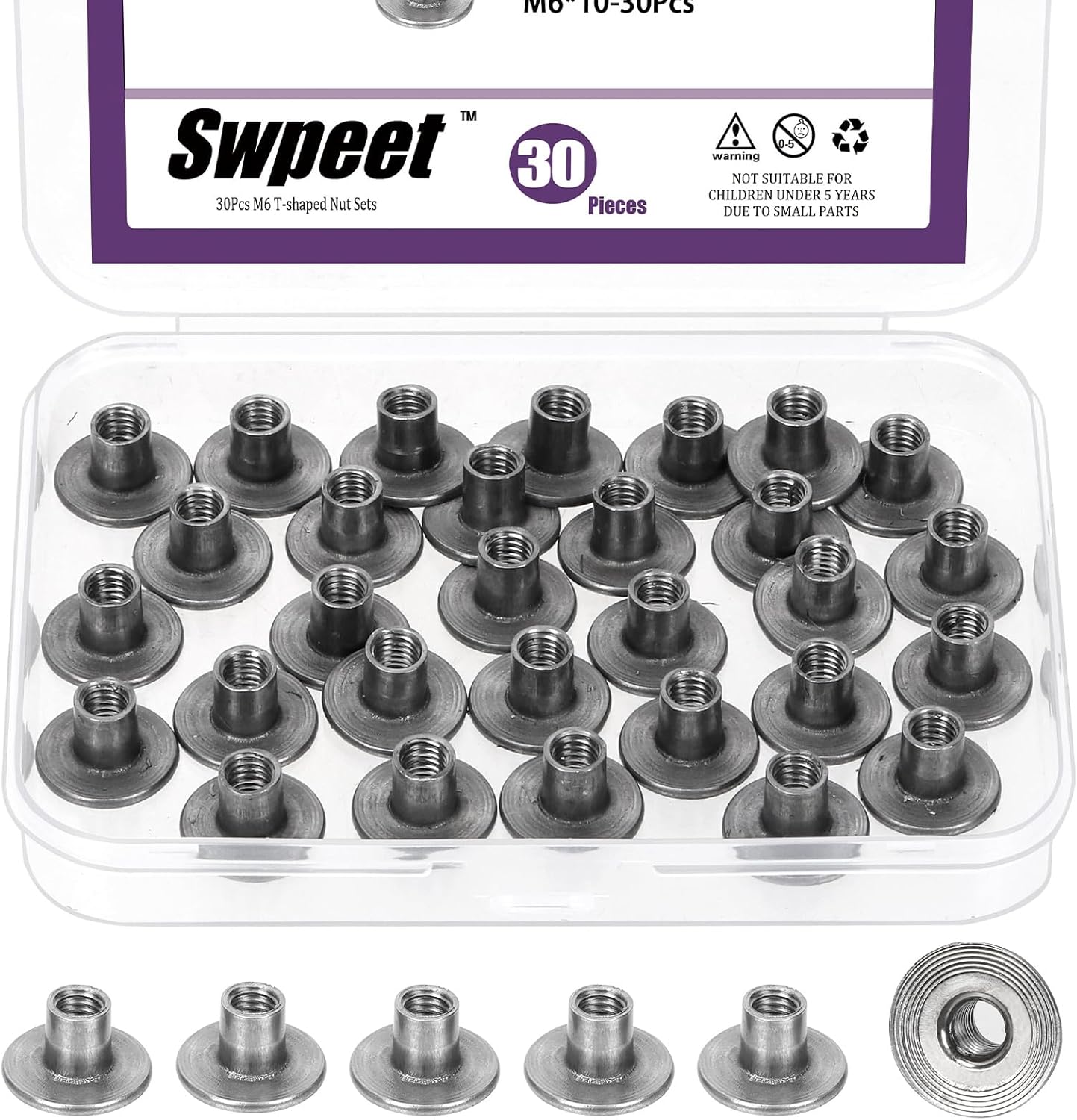 Swpeet 30Pcs M6×19×10mm Carbon Steel Tee Nut, Through Hole Flange Insert Female Thread Nuts, Round Base Weld Tee Nuts, Brad Hole Tee Nut, T-Nut Mounting Hardware Fitting Fastener for Wood Furniture