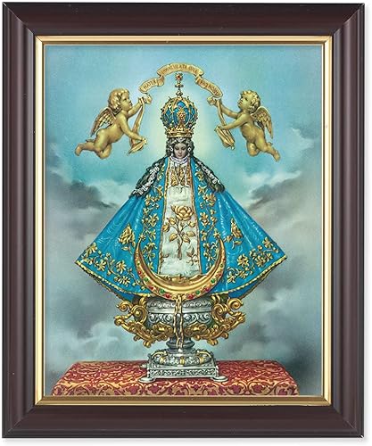 Virgen de San Juan - Cuadro enmarcado para decoración de pared, mediano, marco clásico con acabado de nogal oscuro acanalado con borde de hoja dorada