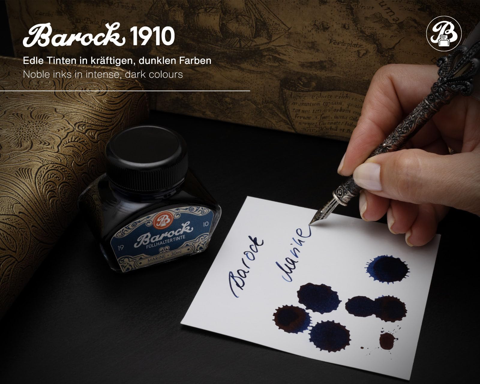 Barock 1910 atrament do piór wiecznych, szklanych piór kulkowych, atramentów do piór wiecznych, w kałamarzu, 30 ml, niebieski, morski