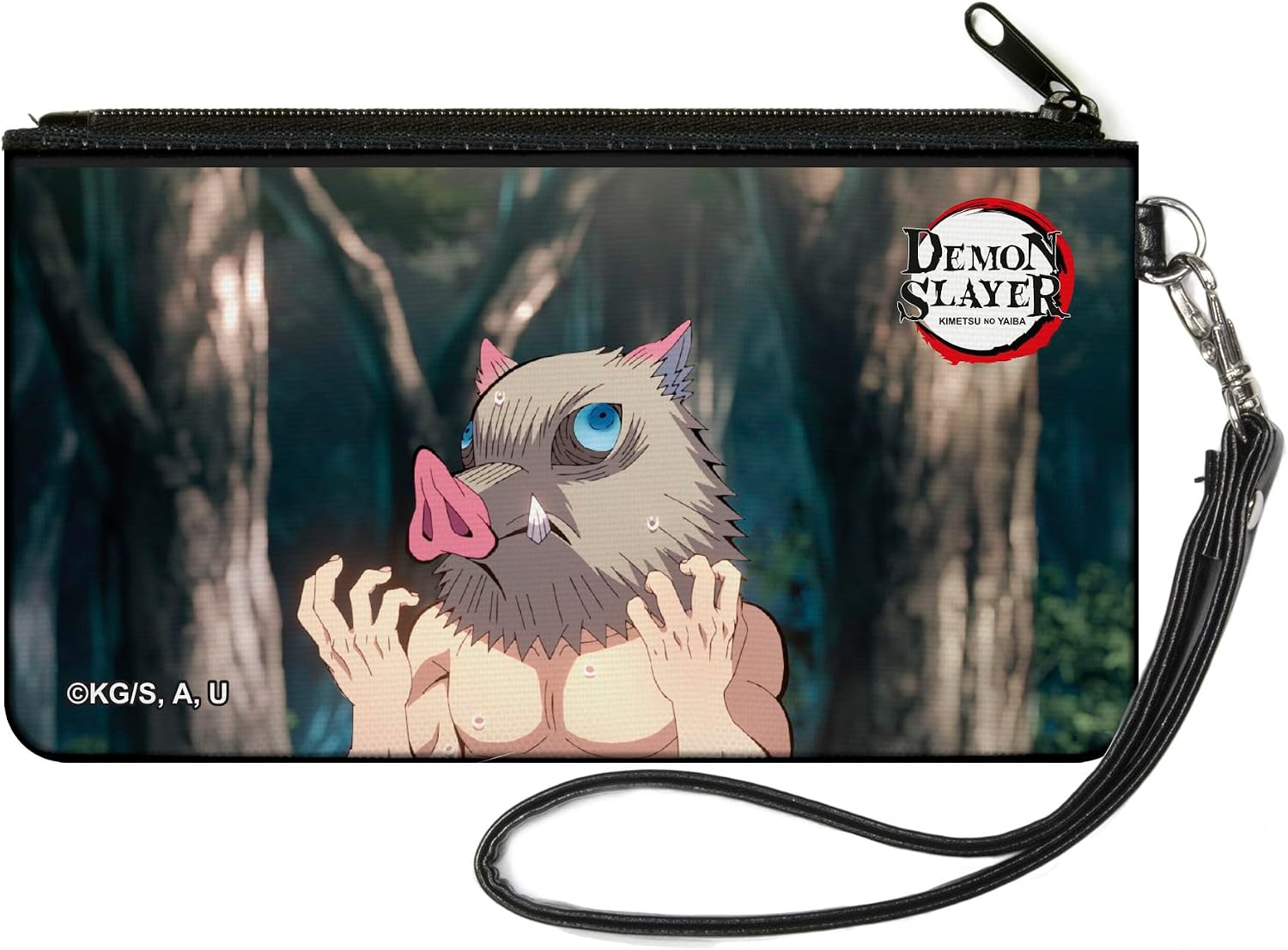 Buckle-Down Demon Slayer Wallet, Zip Pouch, Demon Slayer Inosuke Hashibira Boar Head Pose and Title Logo, Canvas