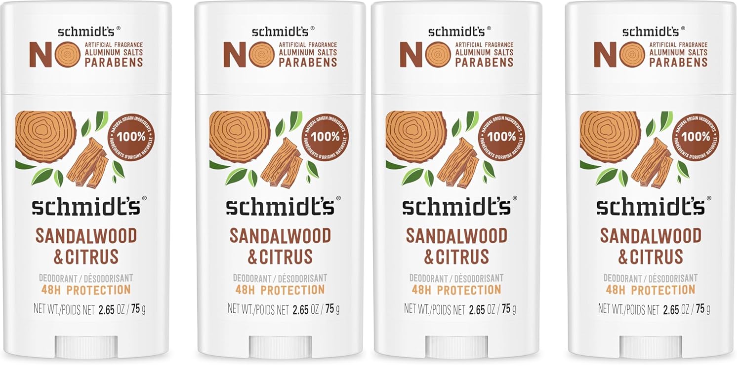 Schmidt's Aluminum-Free Vegan Deodorant Sandalwood & Citrus for Women and Men,with 24 Hour Odor Protection,Natural Ingredients,Cruelty-Free,2.65 oz,(Pack of 4)