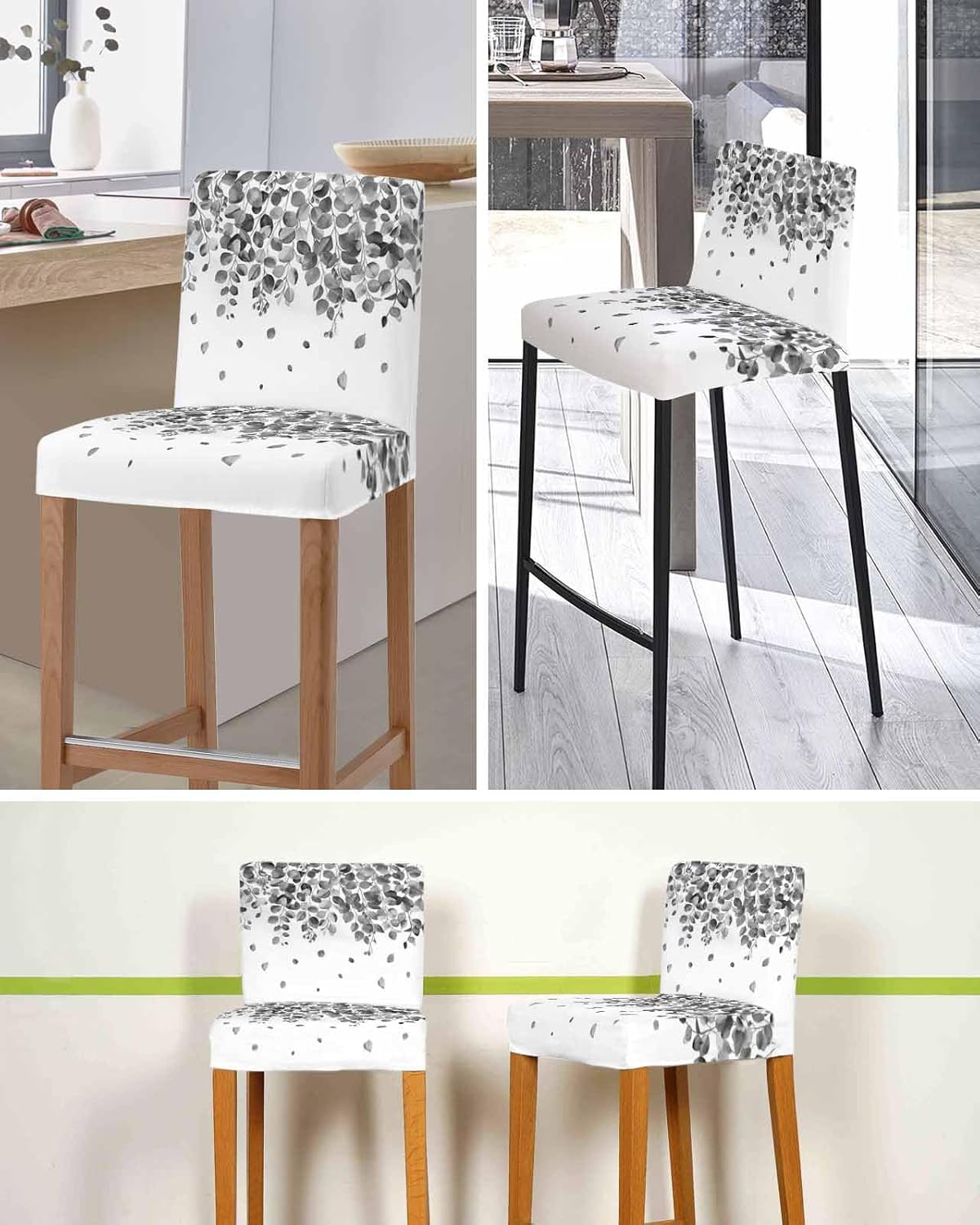 Bar Chair Stool Covers Set of 4, Gray Botanical Stretch Washable Removable Bar High Chair Cover, Watercolor Spring Summer Eucalyptus Elastic Bar Chair Protector for Kitchen/Restaurant