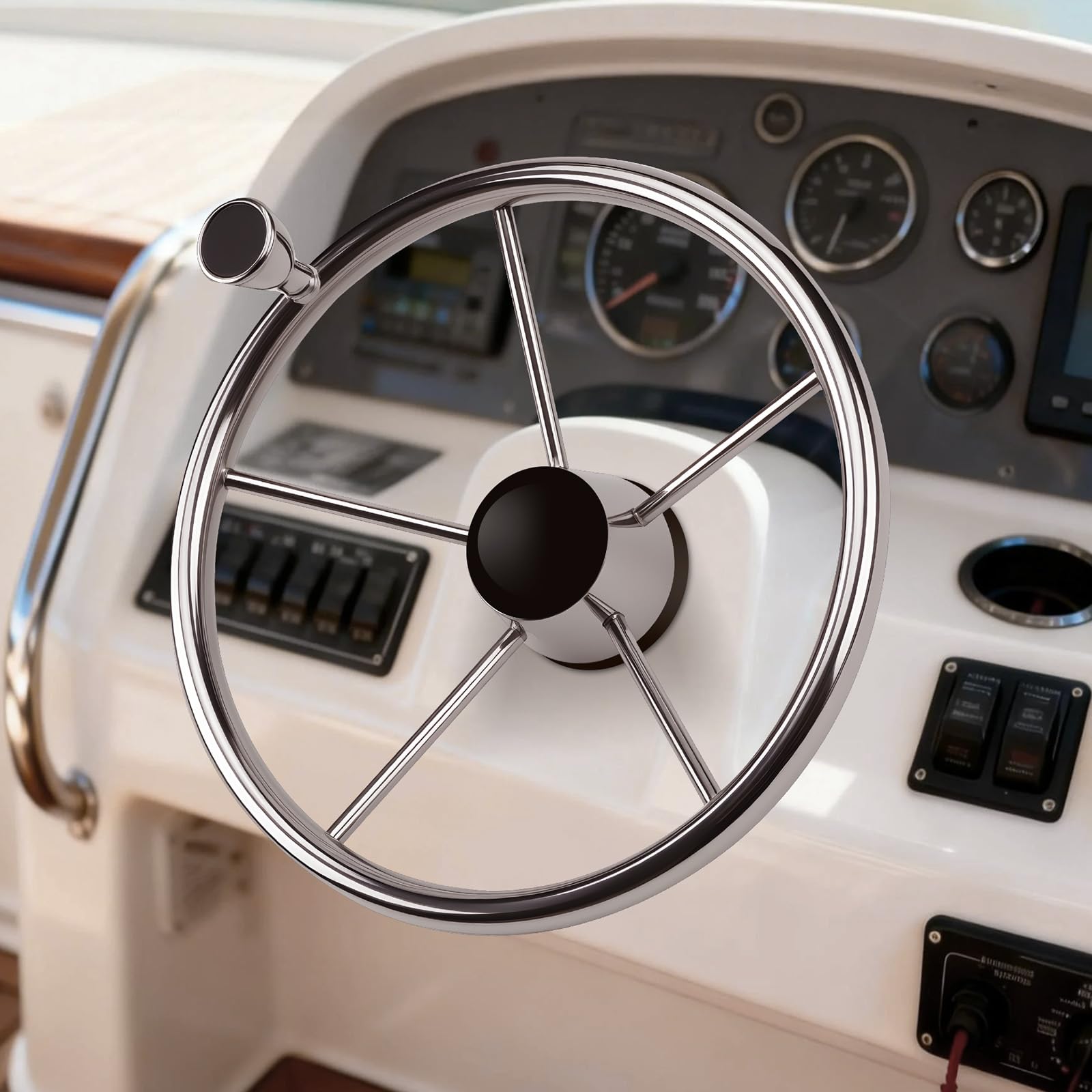 KAOLALI Volante da barca, volante da Yacht in Acciaio Inox a 5 Raggi da 13,5 pollici con Pulsante, Universale Accessori da Barca per Pilotaggio Pontone Barca Yacht