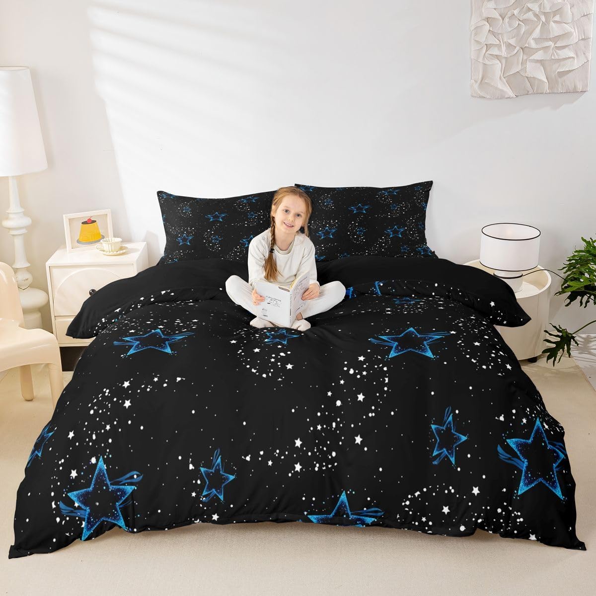 Erosebridal Y2K Trendy Duvet Cover Queen Glitter Stars Bedding Set White Blue Glowing Stars Comforter Cover for Kids Boys Girls,Psychedelic Space Cosmos Bed Set