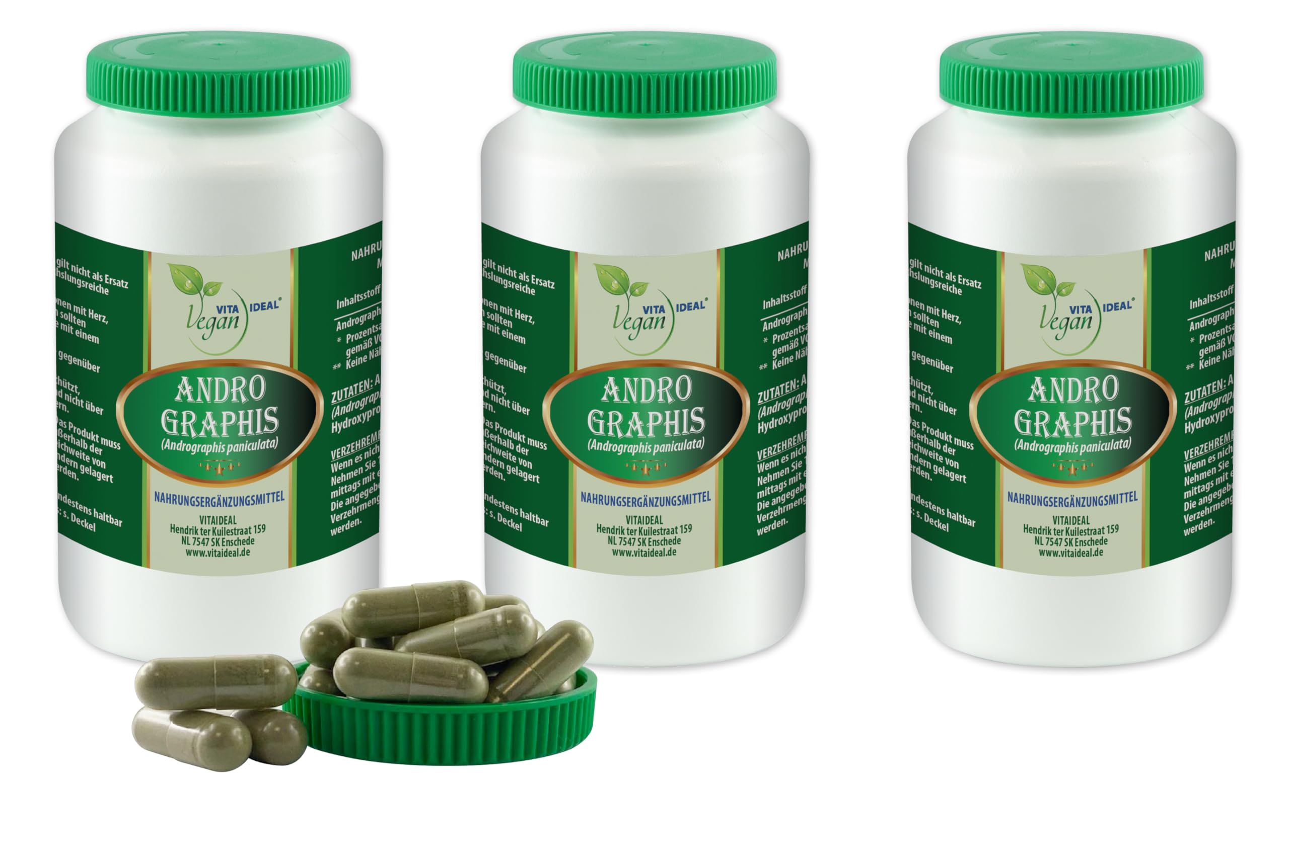 VITA IDEAL Vegan® ANDROGRAPHIS - Kraut 3x 360 KAPSELN - Chiretta Kraut - Tagesportion 800mg CHIRETTAKRAUTreines Pulver. Natürlich, pflanzlich und ohne Zusatzstoffe.