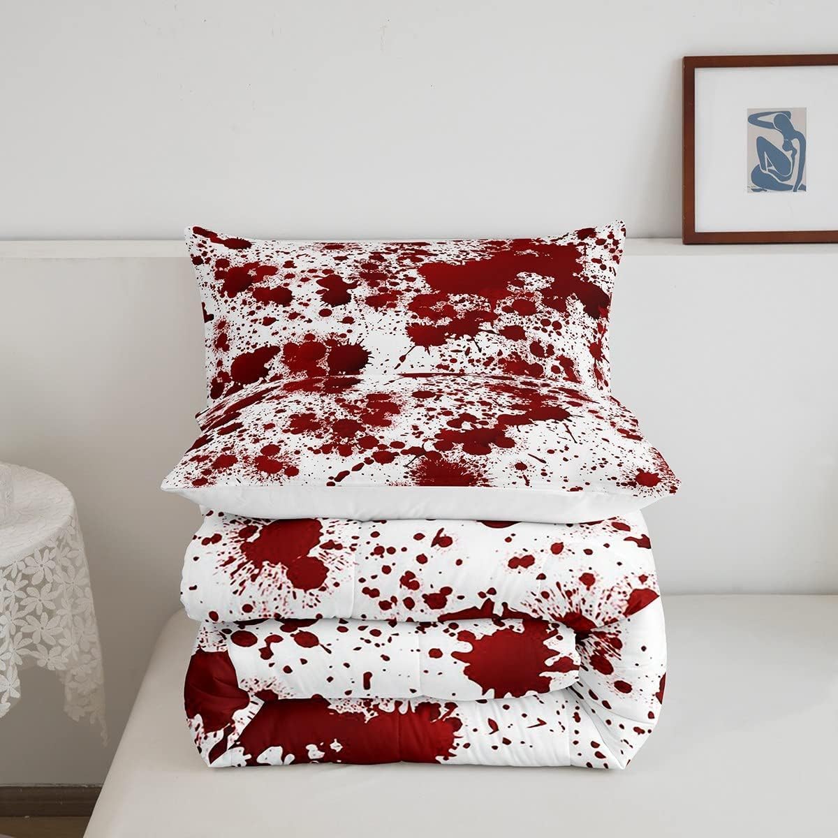 Red Tie Dye Comforter Set King Size,Halloween Decor Bedding Set 3pcs for Kids Teens Boys Bedroom,Gothic Horror Style Quilt Set Cartoon Hand Painted Graffiti Down Comforter with 2 Pillowcases