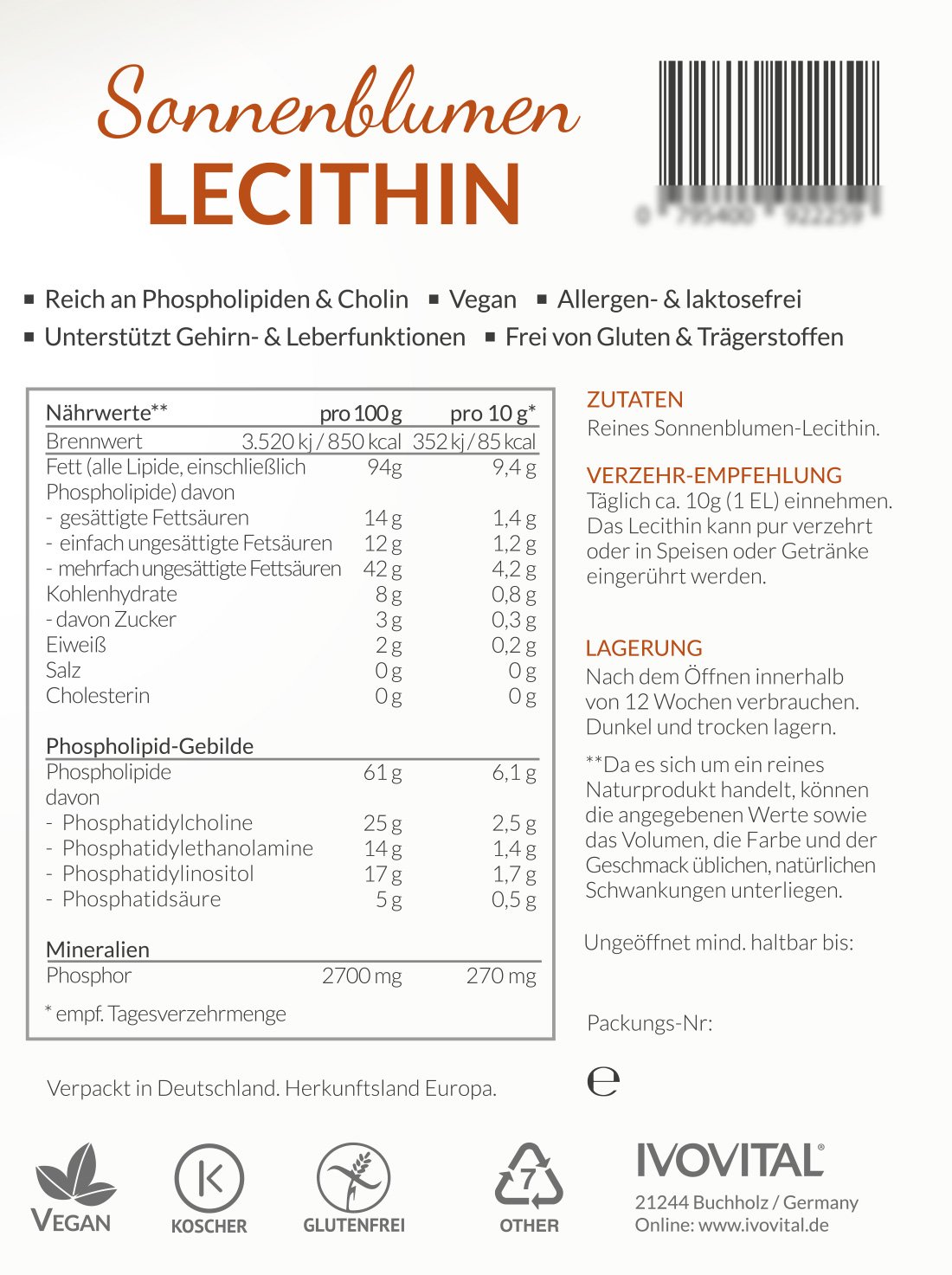 Lecitina di girasole liquida (senza allergeni), IVOVITAL® (550 ml)