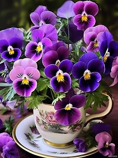 SLWYOUN 5D Spring Pansy Flower Diamond Painting Kits, Pansies in White Cup Art for Adults, Full Drill Round Gem Art Home Wall Decor Gifts 12x16 inch