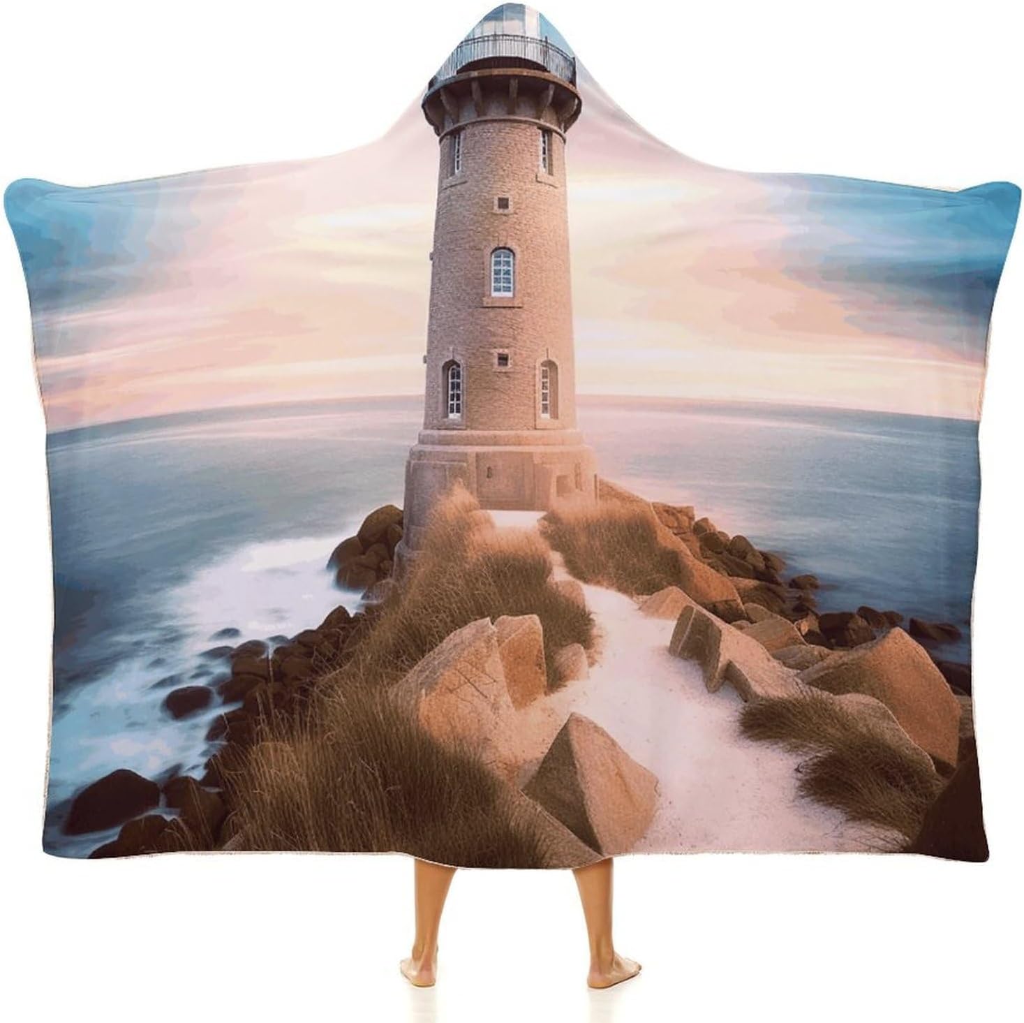 Beach Lighthouse Wearable Hooded Blanket, Ultra Soft Arctic Velvet Cape Cloak Unisex - Cozy Wearable Blanket