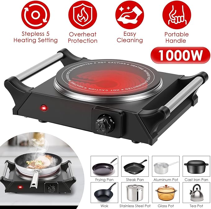 Estufa Eléctrica de 1 Puesto 1000W con Plato de Cerámica y Control de Temperatura miniatura 3