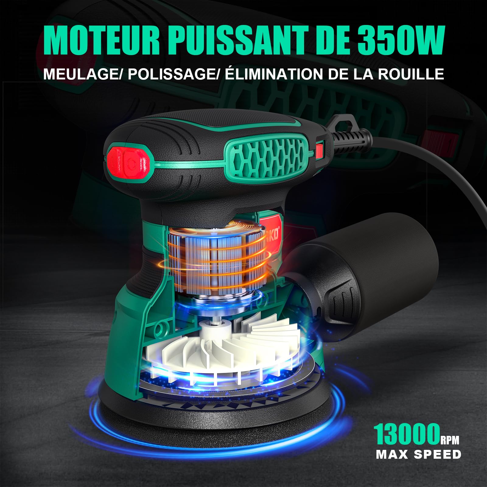 SORAKO Ponceuse Excentrique 350 W 125 mm, Ponceuse à 6 Vitesses avec Boîte