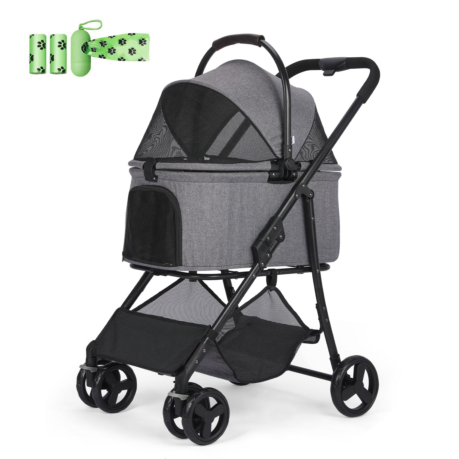 AESRAOU 2 IN1 Dog Strollers with Detachable Basket, Foldable Puppy Pet Carts with 4 Fast Wheels, Lightweight Travel Stroller with Storage Bag for Medium Small Dogs Cats Outdoor (Dark Gery)
