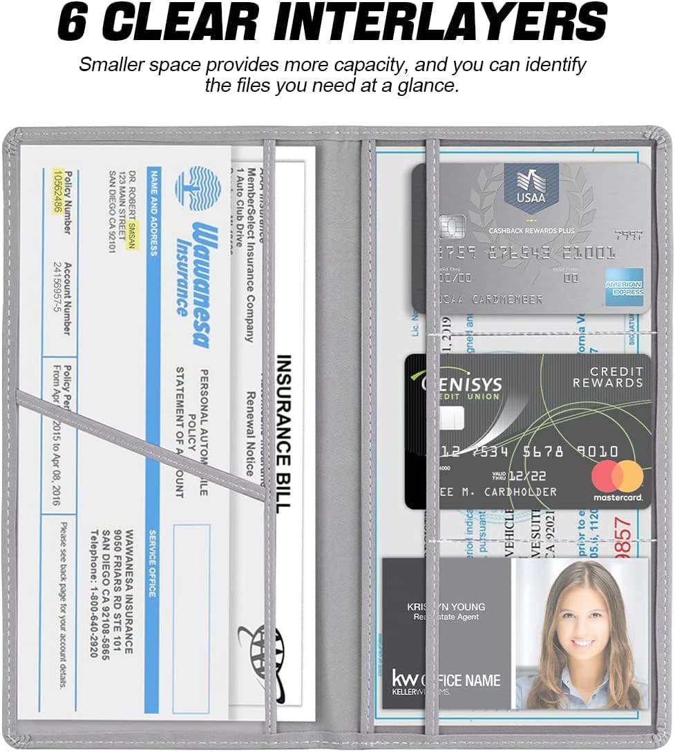 LOSIF Car Insurance and Registration Holder, Vehicle Documents Wallet Case, Car Card Holder with Magnetic for Documents, ID Cards, License, Universal Car Accessories (Gray) 3
