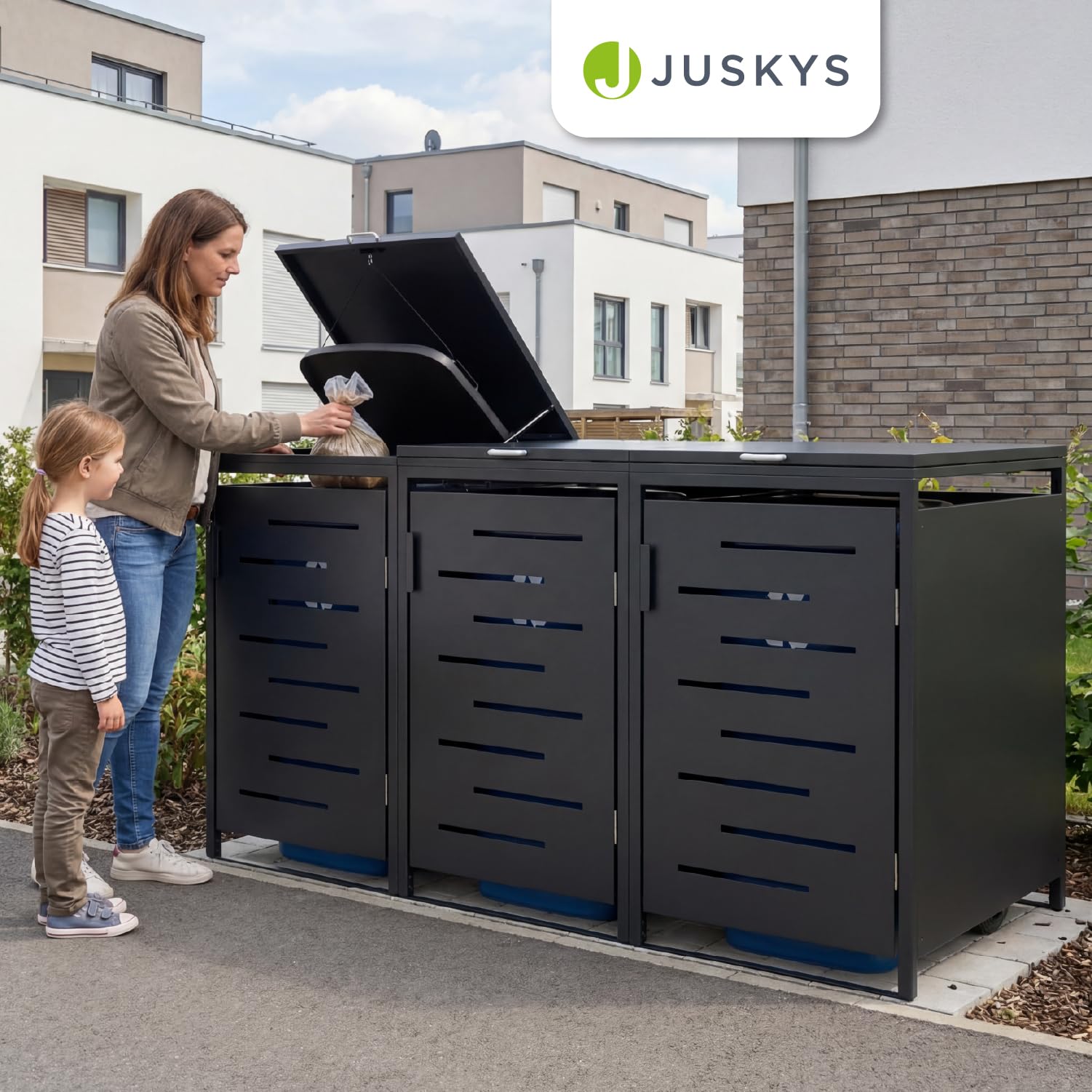 Juskys Mülltonnenbox Arel 3er - Metall Gartenbox für 120 BZW. 240 Liter Mülltonnen - Aufbewahrungsbox abschließbar - Unterstand mit Dach & Gasdruckfeder - Anthrazit