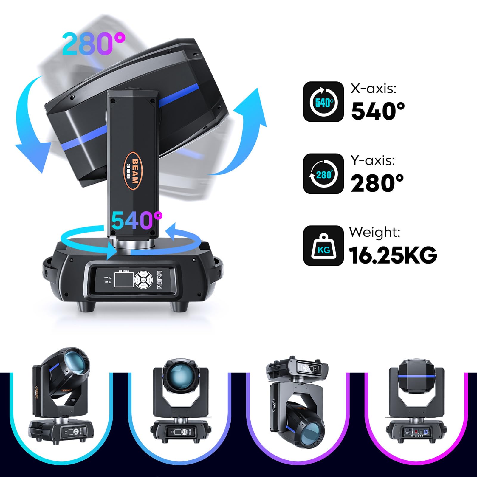 Luce a testa mobile con prismi a 16 sfaccettature, 13 Gobos, 14 colori RGBW, LED di messa a fuoco lineare, DMX 512 e attivazione sonora per eventi DJ, matrimoni, feste
