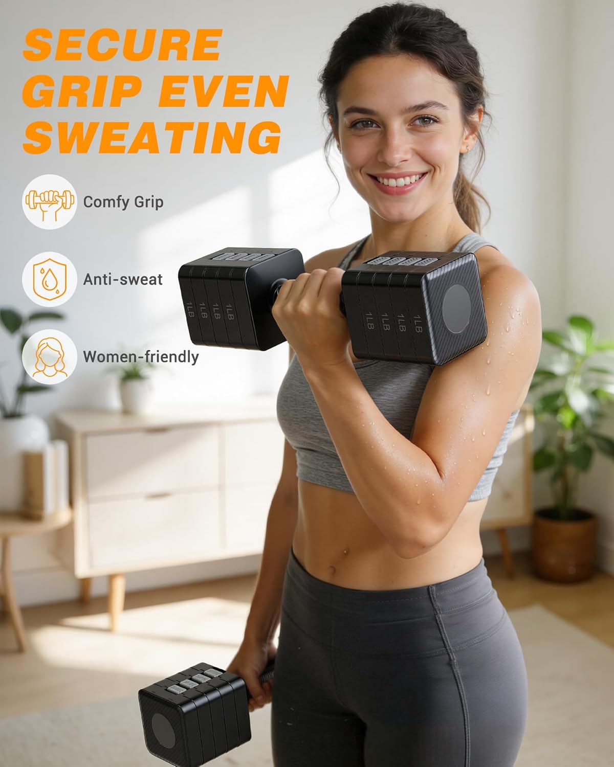 Rendpas Adjustable Dumbbell Set of 2, 1-Sec Quick-Adjust Dual-Lock Design Hand Weights for Women & Men, Compact No-Roll 10LBS/20LBS Dumbbell Set for Women, Home Gym Strength Training & Pilates(10/20LBS Total)