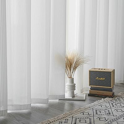 Gualiy Thin Curtain for Windows, Window Curtains 2 Panel Sets Solid Color Stripes Curtains 54 inch Wide White Living Room Curtains 84 inch Long