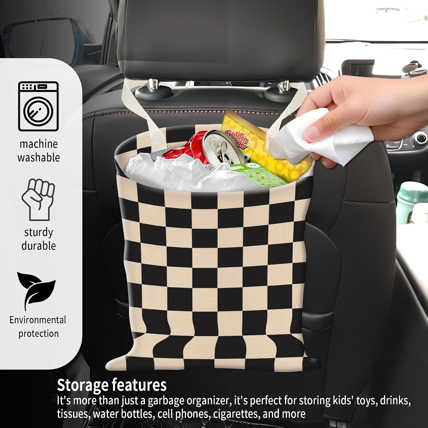 Car Garbage Can, Seat Back Hanging Cute Car Trash Can Bag, Car Organizer and Storage Bag for Travelling, Outdoor Cute Black Beige Plaid