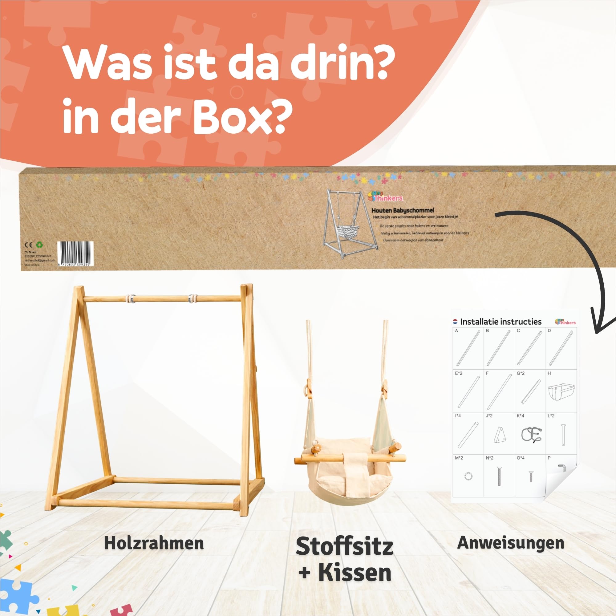 Holz Babyschaukel mit klappbarem Schaukelsitz, Babyschaukelstuhl & Baby Swing aus Kiefernholz, Holzspielzeug für Babys, Indoor & Outdoor Kinderschaukel für drinnen und draußen, sicherer Babysitz